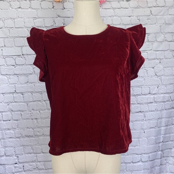 Zara Tops - Zara Medium Red Velvet Ruffle Cap Sleeve Blouse Top
